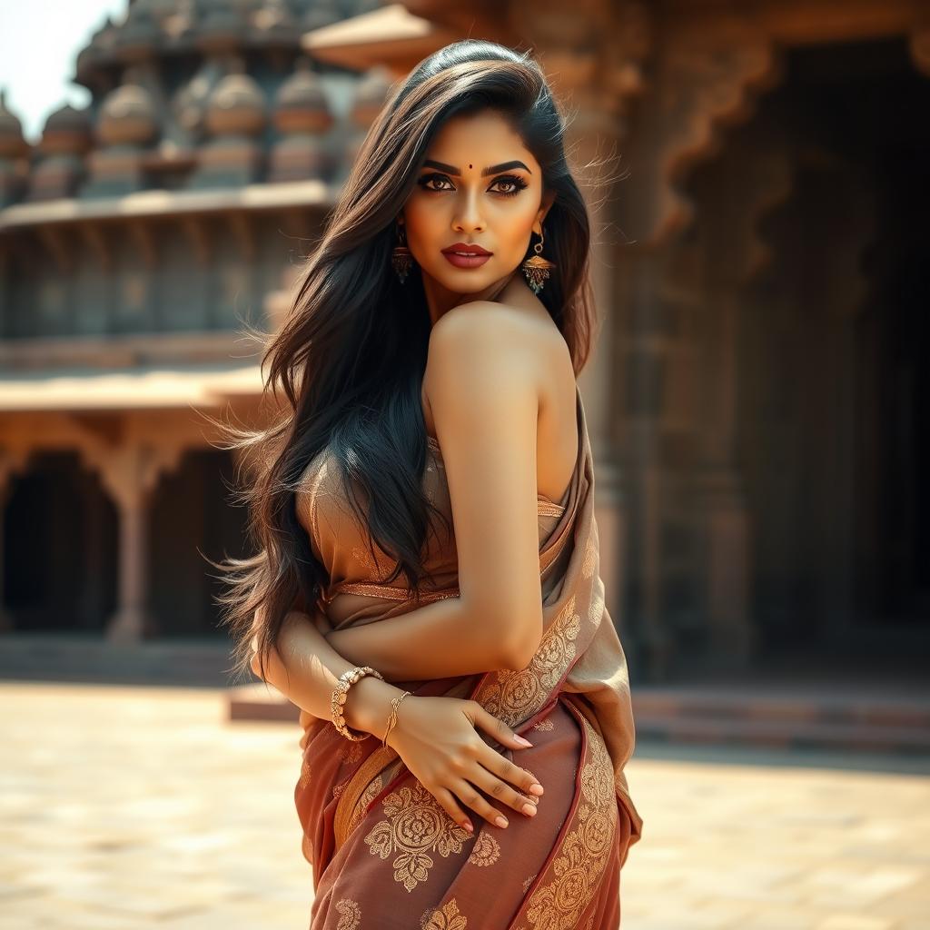 A stunning Indian woman with long, flowing black hair and sun-kissed skin, exuding confidence and allure