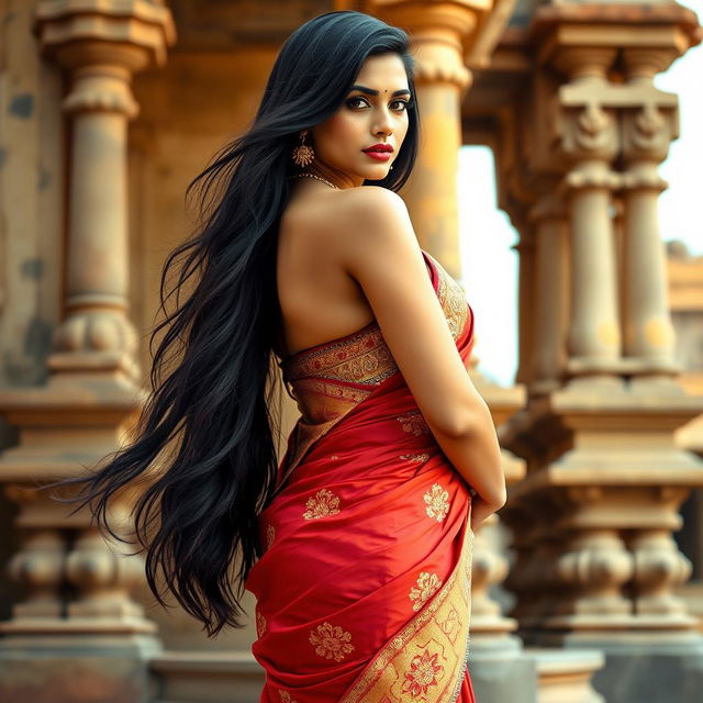 A stunning Indian woman with long, flowing black hair and sun-kissed skin, exuding confidence and allure