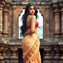 A stunning Indian woman with long, flowing black hair and sun-kissed skin, exuding confidence and allure