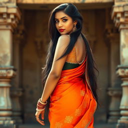 A stunning Indian woman with long, flowing black hair and sun-kissed skin, exuding confidence and allure