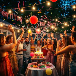 A vibrant celebration scene, featuring a diverse group of people joyfully dancing under colorful decorations and twinkling fairy lights, with confetti floating in the air
