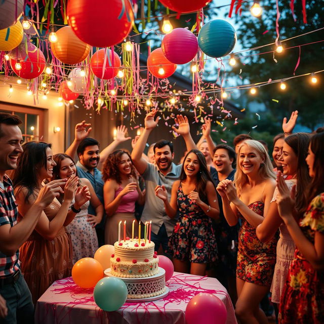 A vibrant celebration scene, featuring a diverse group of people joyfully dancing under colorful decorations and twinkling fairy lights, with confetti floating in the air