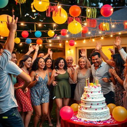 A vibrant celebration scene, featuring a diverse group of people joyfully dancing under colorful decorations and twinkling fairy lights, with confetti floating in the air