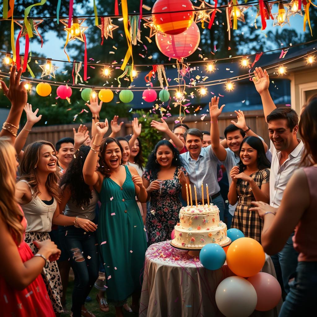 A vibrant celebration scene, featuring a diverse group of people joyfully dancing under colorful decorations and twinkling fairy lights, with confetti floating in the air