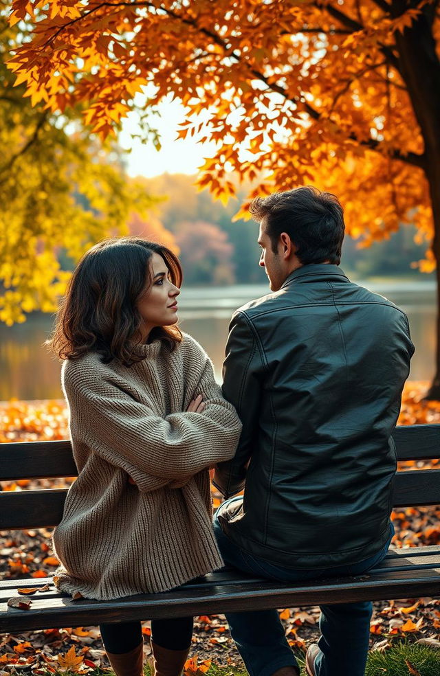 A heart-wrenching scene depicting a couple sitting apart on a park bench, surrounded by a vibrant autumn landscape with falling leaves