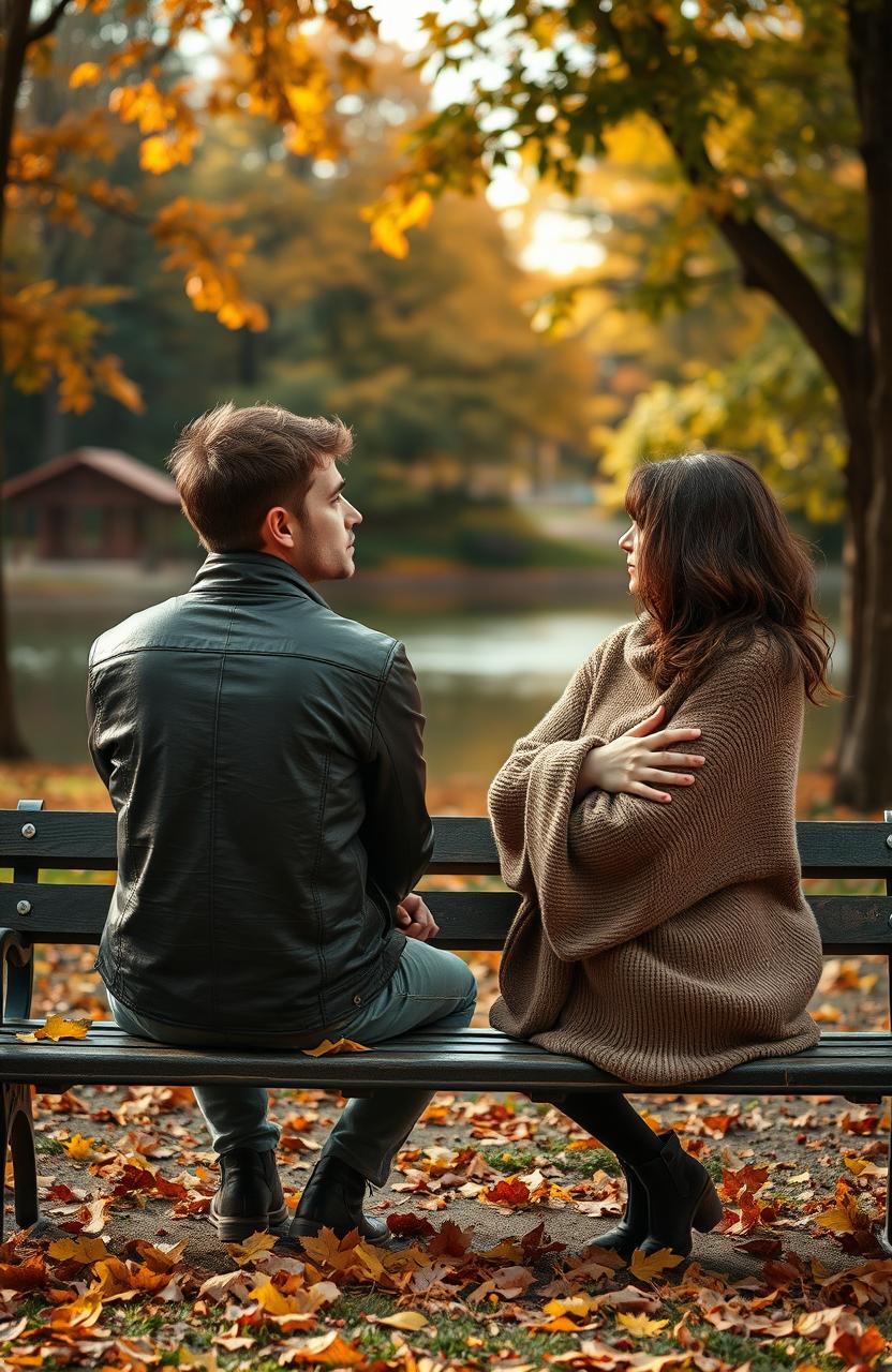 A heart-wrenching scene depicting a couple sitting apart on a park bench, surrounded by a vibrant autumn landscape with falling leaves