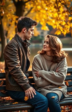 A heart-wrenching scene depicting a couple sitting apart on a park bench, surrounded by a vibrant autumn landscape with falling leaves