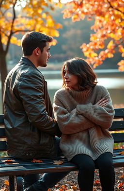 A heart-wrenching scene depicting a couple sitting apart on a park bench, surrounded by a vibrant autumn landscape with falling leaves
