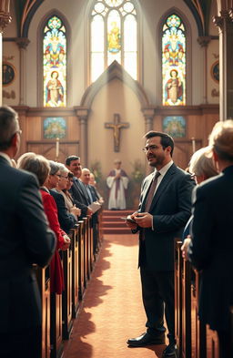 A powerful, inspiring scene depicting a charismatic leader in a church ministry setting