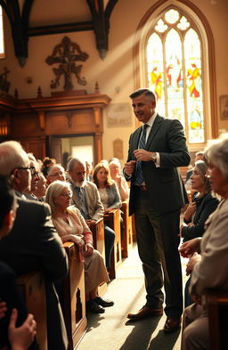 A powerful, inspiring scene depicting a charismatic leader in a church ministry setting