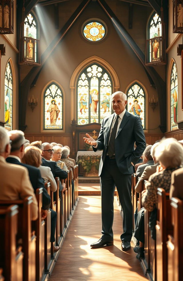 A powerful, inspiring scene depicting a charismatic leader in a church ministry setting