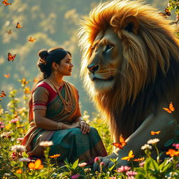 A mystical scene featuring an Indian woman dressed in traditional attire, like a vibrant saree and intricate jewelry, gazing lovingly at a majestic giant lion