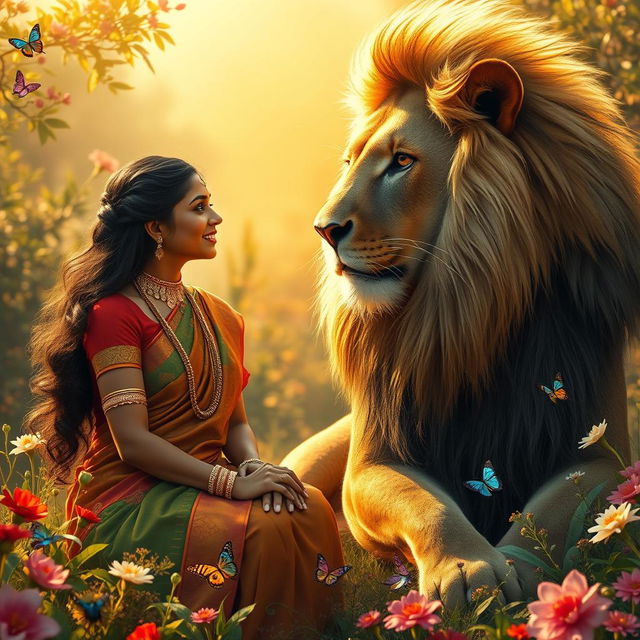 A mystical scene featuring an Indian woman dressed in traditional attire, like a vibrant saree and intricate jewelry, gazing lovingly at a majestic giant lion