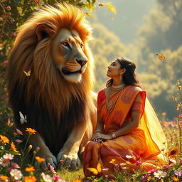 A mystical scene featuring an Indian woman dressed in traditional attire, like a vibrant saree and intricate jewelry, gazing lovingly at a majestic giant lion