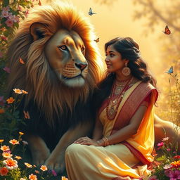A mystical scene featuring an Indian woman dressed in traditional attire, like a vibrant saree and intricate jewelry, gazing lovingly at a majestic giant lion