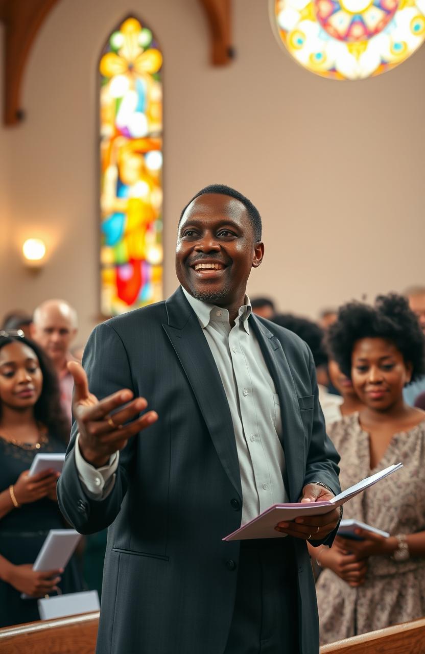 A confident and inspirational leader in a ministry setting, passionately addressing a diverse group of engaged followers in a vibrant, sunlit church hall