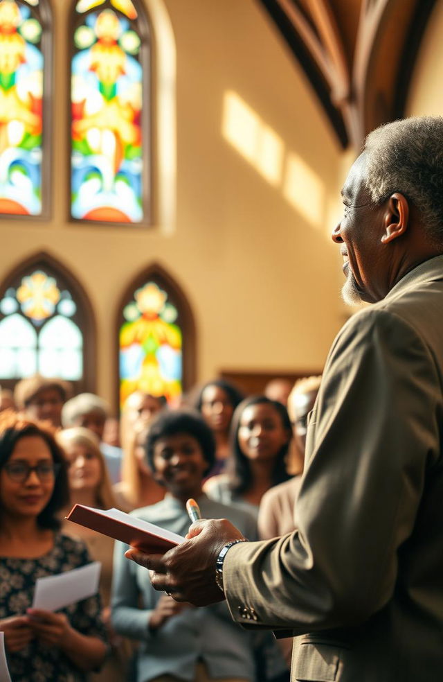 A confident and inspirational leader in a ministry setting, passionately addressing a diverse group of engaged followers in a vibrant, sunlit church hall