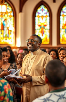 A confident and inspirational leader in a ministry setting, passionately addressing a diverse group of engaged followers in a vibrant, sunlit church hall