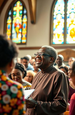 A confident and inspirational leader in a ministry setting, passionately addressing a diverse group of engaged followers in a vibrant, sunlit church hall