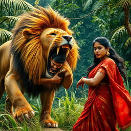 A dramatic scene capturing the fierce confrontation between a giant lion and a man, set in a lush, dense jungle background