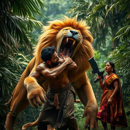 A dramatic scene capturing the fierce confrontation between a giant lion and a man, set in a lush, dense jungle background