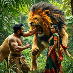 A dramatic scene capturing the fierce confrontation between a giant lion and a man, set in a lush, dense jungle background