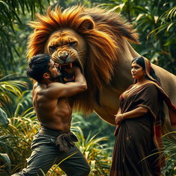 A dramatic scene capturing the fierce confrontation between a giant lion and a man, set in a lush, dense jungle background