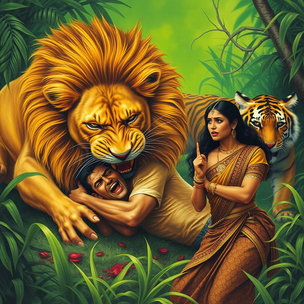 A tense and dramatic jungle scene featuring a struggle between a giant lion and a man, set against a rich, vibrant green backdrop