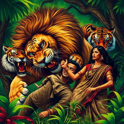 A tense and dramatic jungle scene featuring a struggle between a giant lion and a man, set against a rich, vibrant green backdrop