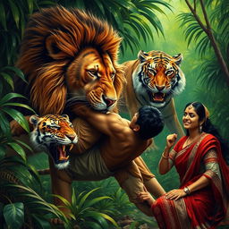 A tense and dramatic jungle scene featuring a struggle between a giant lion and a man, set against a rich, vibrant green backdrop