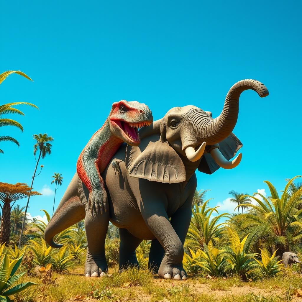 A surreal fantasy scene depicting a giant, highly detailed dinosaur in a vibrant prehistoric landscape, playfully interacting with a large elephant