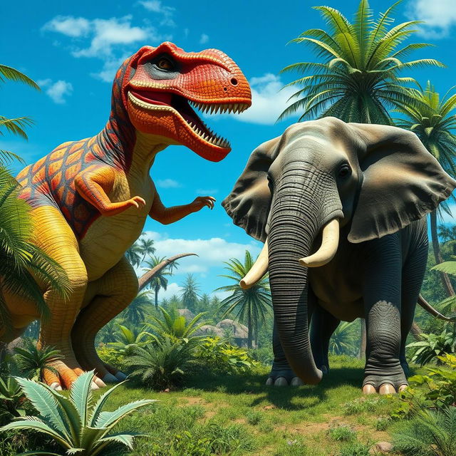 A surreal fantasy scene depicting a giant, highly detailed dinosaur in a vibrant prehistoric landscape, playfully interacting with a large elephant