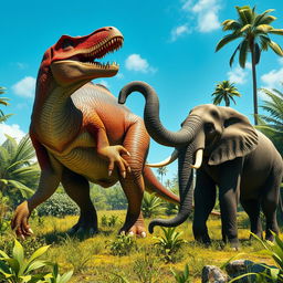 A surreal fantasy scene depicting a giant, highly detailed dinosaur in a vibrant prehistoric landscape, playfully interacting with a large elephant