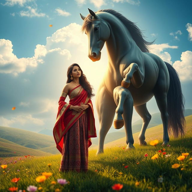 A surreal and imaginative scene featuring a majestic giant horse interacting with a tall, voluptuous Indian woman