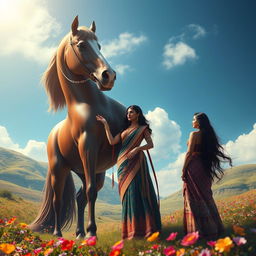 A surreal and imaginative scene featuring a majestic giant horse interacting with a tall, voluptuous Indian woman