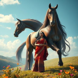 A surreal and imaginative scene featuring a majestic giant horse interacting with a tall, voluptuous Indian woman