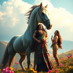 A surreal and imaginative scene featuring a majestic giant horse interacting with a tall, voluptuous Indian woman