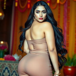 A strikingly beautiful Indian woman who is very tall and fair-skinned, featuring voluptuous curves and a confident pose