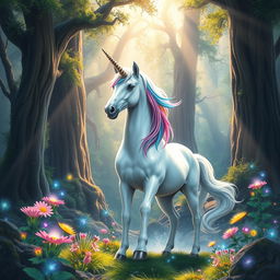 A beautiful book cover featuring a mystical unicorn standing majestically in a vibrant fantasy forest