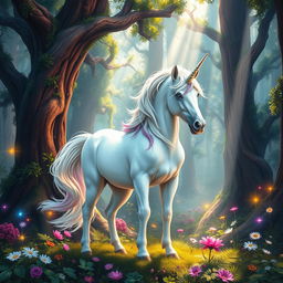 A beautiful book cover featuring a mystical unicorn standing majestically in a vibrant fantasy forest