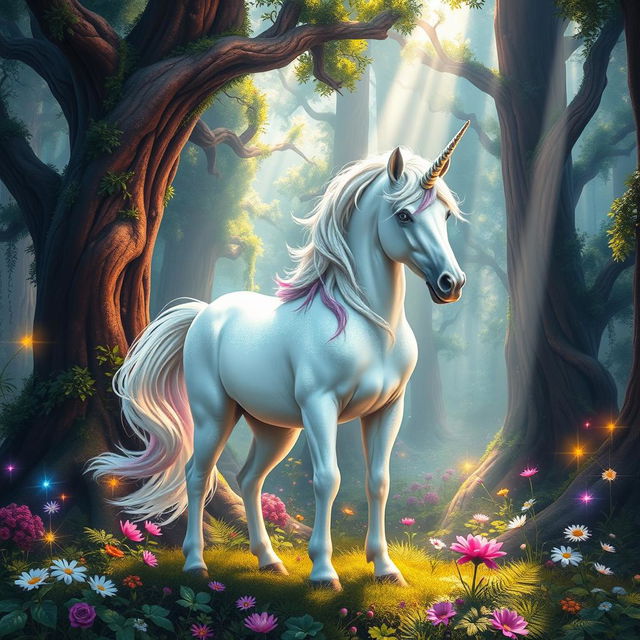 A beautiful book cover featuring a mystical unicorn standing majestically in a vibrant fantasy forest