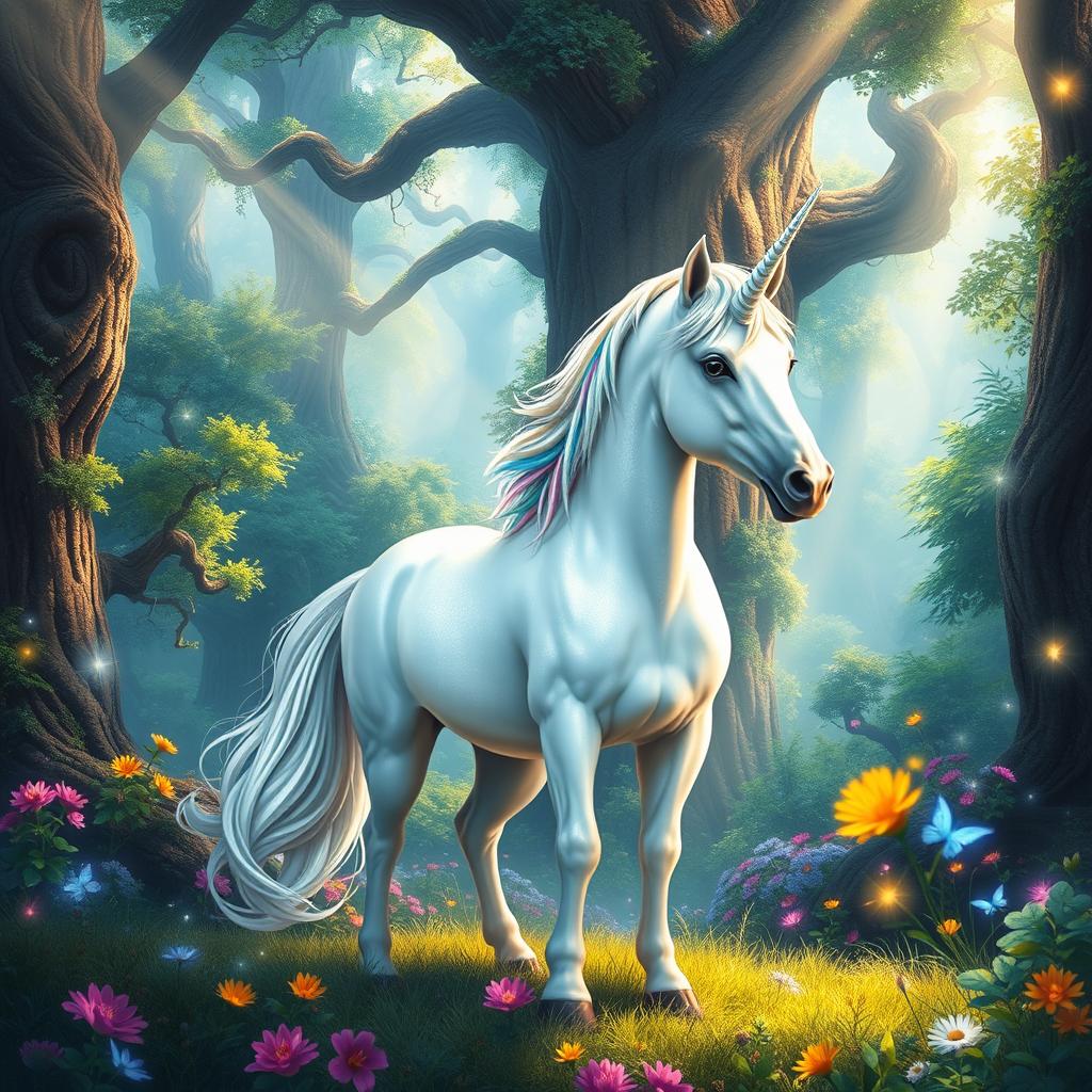 A beautiful book cover featuring a mystical unicorn standing majestically in a vibrant fantasy forest