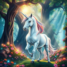 A beautiful book cover featuring a mystical unicorn standing majestically in a vibrant fantasy forest
