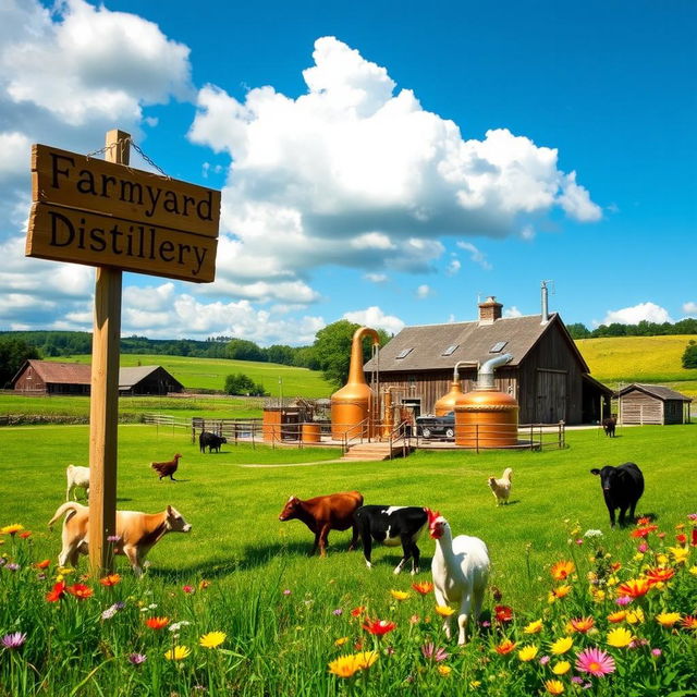 A picturesque farmyard distillery surrounded by lush green fields and traditional farm buildings