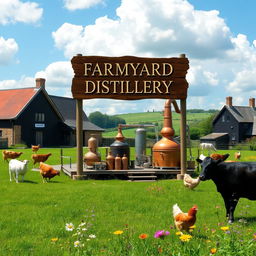 A picturesque farmyard distillery surrounded by lush green fields and traditional farm buildings