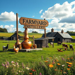 A picturesque farmyard distillery surrounded by lush green fields and traditional farm buildings