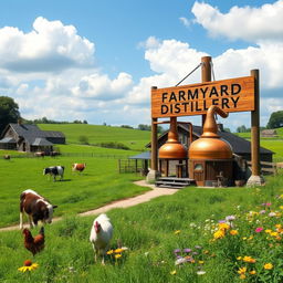 A picturesque farmyard distillery surrounded by lush green fields and traditional farm buildings