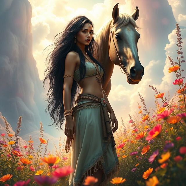 A surreal and imaginative scene featuring a tall, fair-skinned Indian woman with long dark hair, depicted in a fantastical landscape