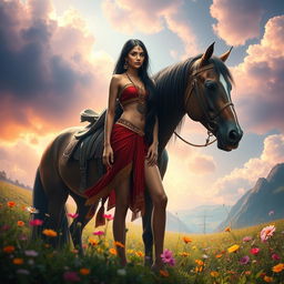 A surreal and imaginative scene featuring a tall, fair-skinned Indian woman with long dark hair, depicted in a fantastical landscape