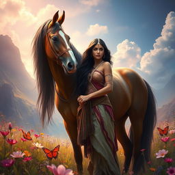A surreal and imaginative scene featuring a tall, fair-skinned Indian woman with long dark hair, depicted in a fantastical landscape